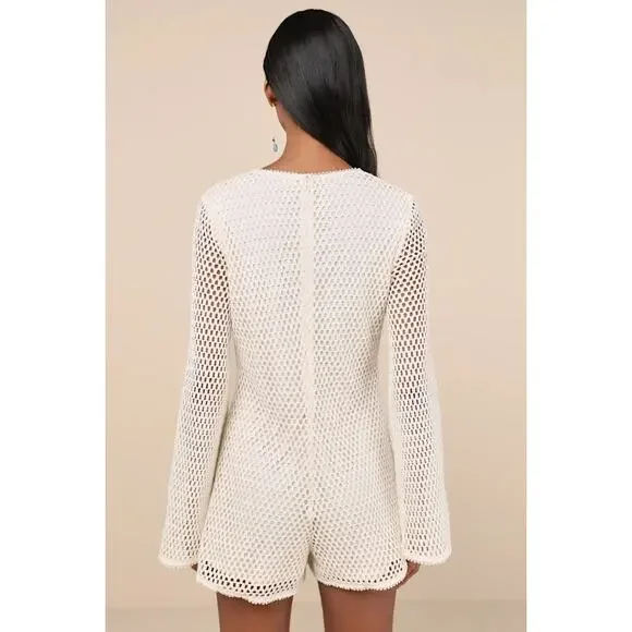 NWT Lulus Halima Cream Crochet Bell Sleeve Romper Large - Picture 3 of 3
